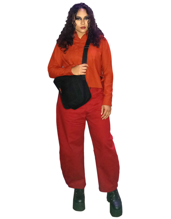 Bakker Brown womens look #3 for AW25-25 is a button-up shirt with a red barrel pant