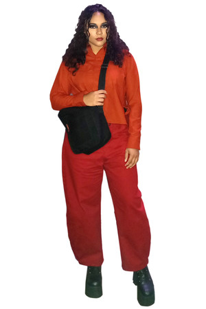 Bakker Brown womens look #3 for AW25-25 is a button-up shirt with a red barrel pant