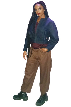 Bakker Brown womens look #1 for AW25-25 is a demin bomber jacket with a brown barrel pant and a wine tank top.