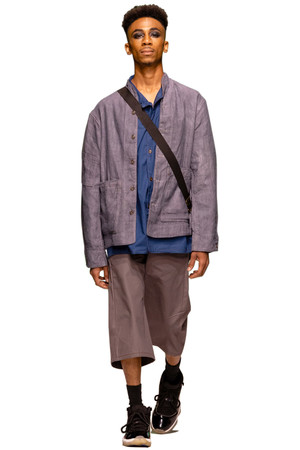 spring summer 2026 look from Bakker Brown, grey Dutch Jacket and Long Short with Blue Button-up
