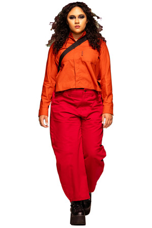 spring summer look 2026 from Bakker Brown- orange Button-up and red Barrel pant