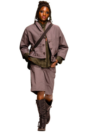 spring summer 2026 look from Bakker Brown grey Haori jacket and Basketball shorts with olive green Button-up