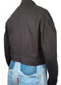 Back view of jean jacket in black twill with yoke and side tabs