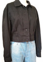 Front view of jean jacket in black twill with 5 button front and pleats