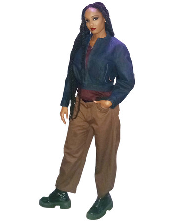 Bakker Brown womens look #1 for AW25-25 is a demin bomber jacket with a brown barrel pant and a wine tank top.