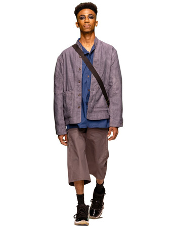 spring summer 2026 look from Bakker Brown, grey Dutch Jacket and Long Short with Blue Button-up