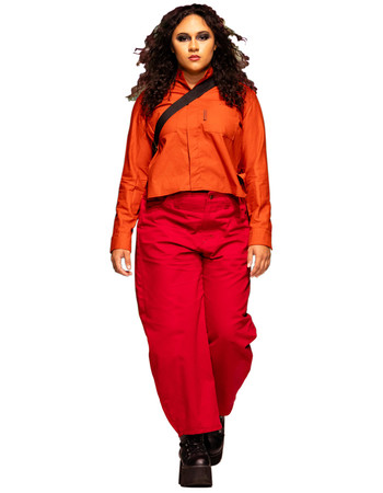 spring summer look 2026 from Bakker Brown- orange Button-up and red Barrel pant
