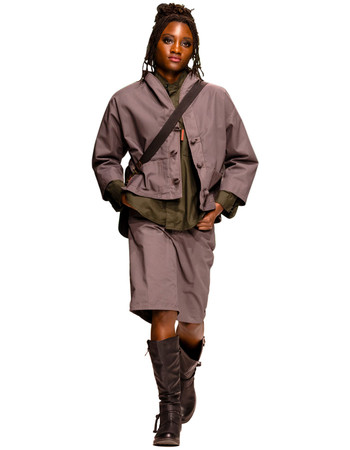 spring summer 2026 look from Bakker Brown grey Haori jacket and Basketball shorts with olive green Button-up